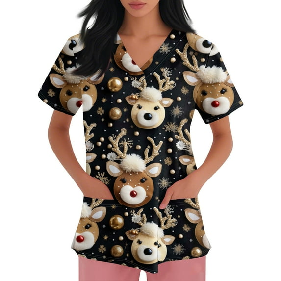 Inglocry Christmas Scrubs Women's Snowflake Christmas Tree Print Nursing Uniform Plus Size V Neck Short Sleeve Nurse Shirt with Pockets Brown 2XL