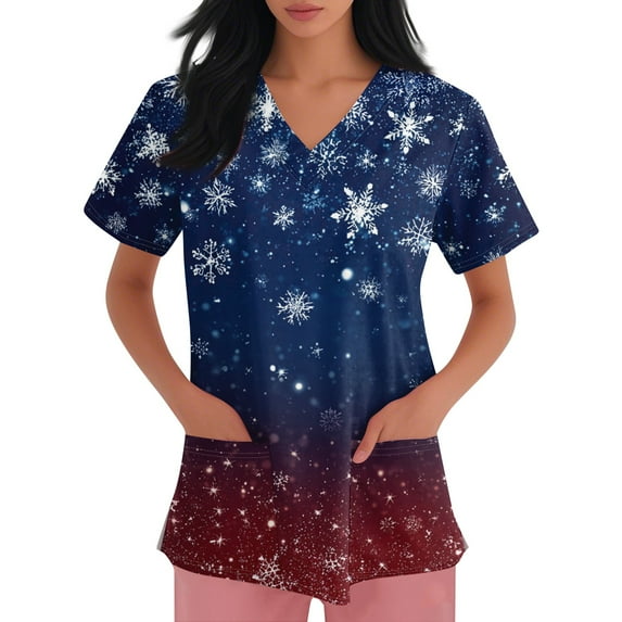 Inglocry Christmas Scrubs Women's Snowflake Christmas Tree Print Nursing Uniform Plus Size V Neck Short Sleeve Nurse Shirt with Pockets Dark Blue M