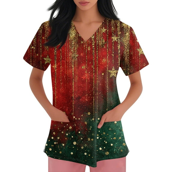 Inglocry Christmas Scrubs Women's Snowflake Christmas Tree Print Nursing Uniform Plus Size V Neck Short Sleeve Nurse Shirt with Pockets Green 5XL