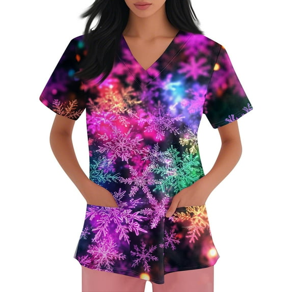 Inglocry Christmas Scrubs Women's Snowflake Christmas Tree Print Nursing Uniform Plus Size V Neck Short Sleeve Nurse Shirt with Pockets Hot Pink M