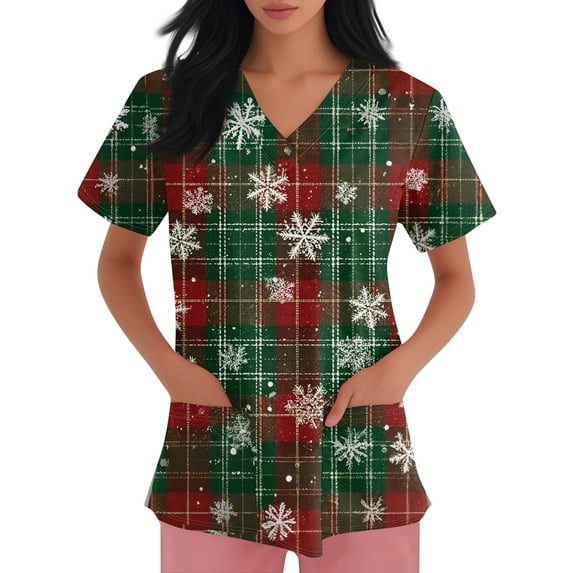 Inglocry Christmas Scrubs Women's Snowflake Christmas Tree Print Nursing Uniform Plus Size V Neck Short Sleeve Nurse Shirt with Pockets Light Green M