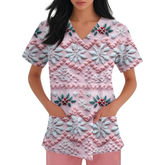Inglocry Christmas Scrubs Women's Snowflake Christmas Tree Print Nursing Uniform Plus Size V Neck Short Sleeve Nurse Shirt with Pockets Light pink L