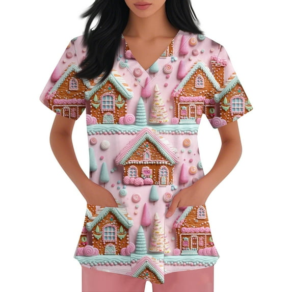 Inglocry Christmas Scrubs Women's Snowflake Christmas Tree Print Nursing Uniform Plus Size V Neck Short Sleeve Nurse Shirt with Pockets Pink XL