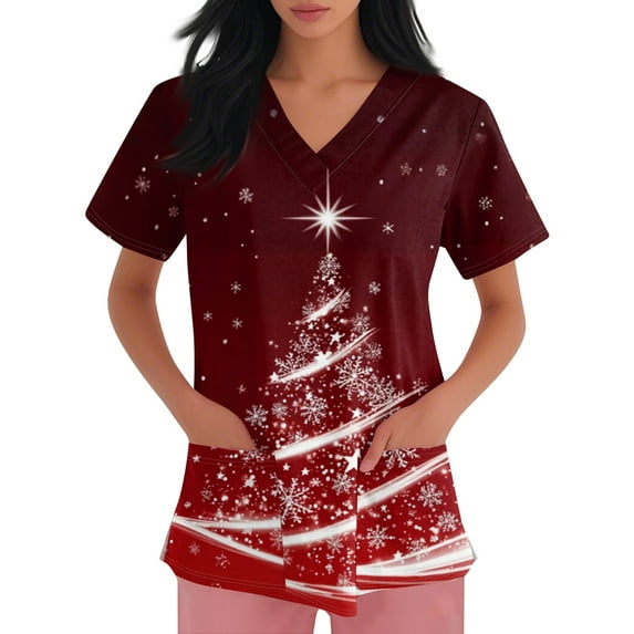 Inglocry Christmas Scrubs Women's Snowflake Christmas Tree Print Nursing Uniform Plus Size V Neck Short Sleeve Nurse Shirt with Pockets Red 5XL