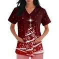 thumbnail image 1 of Inglocry Christmas Scrubs Women's Snowflake Christmas Tree Print Nursing Uniform Plus Size V Neck Short Sleeve Nurse Shirt with Pockets Red XL, 1 of 4