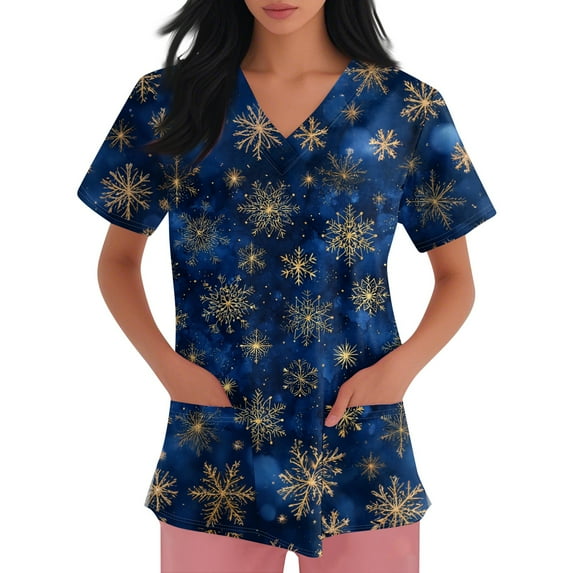 Inglocry Christmas Scrubs Women's Snowflake Christmas Tree Print Nursing Uniform Plus Size V Neck Short Sleeve Nurse Shirt with Pockets Sky Blue L