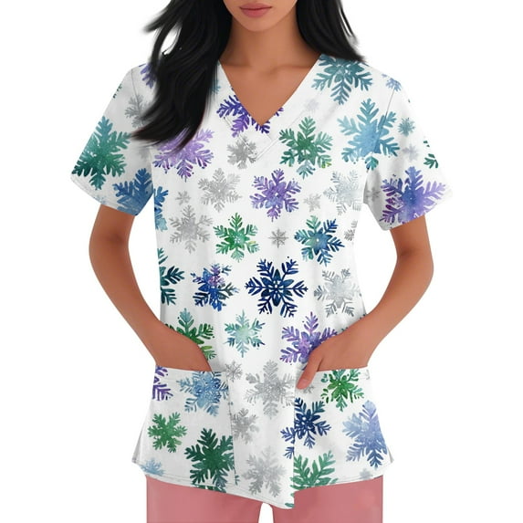 Inglocry Christmas Scrubs Women's Snowflake Christmas Tree Print Nursing Uniform Plus Size V Neck Short Sleeve Nurse Shirt with Pockets White 3XL