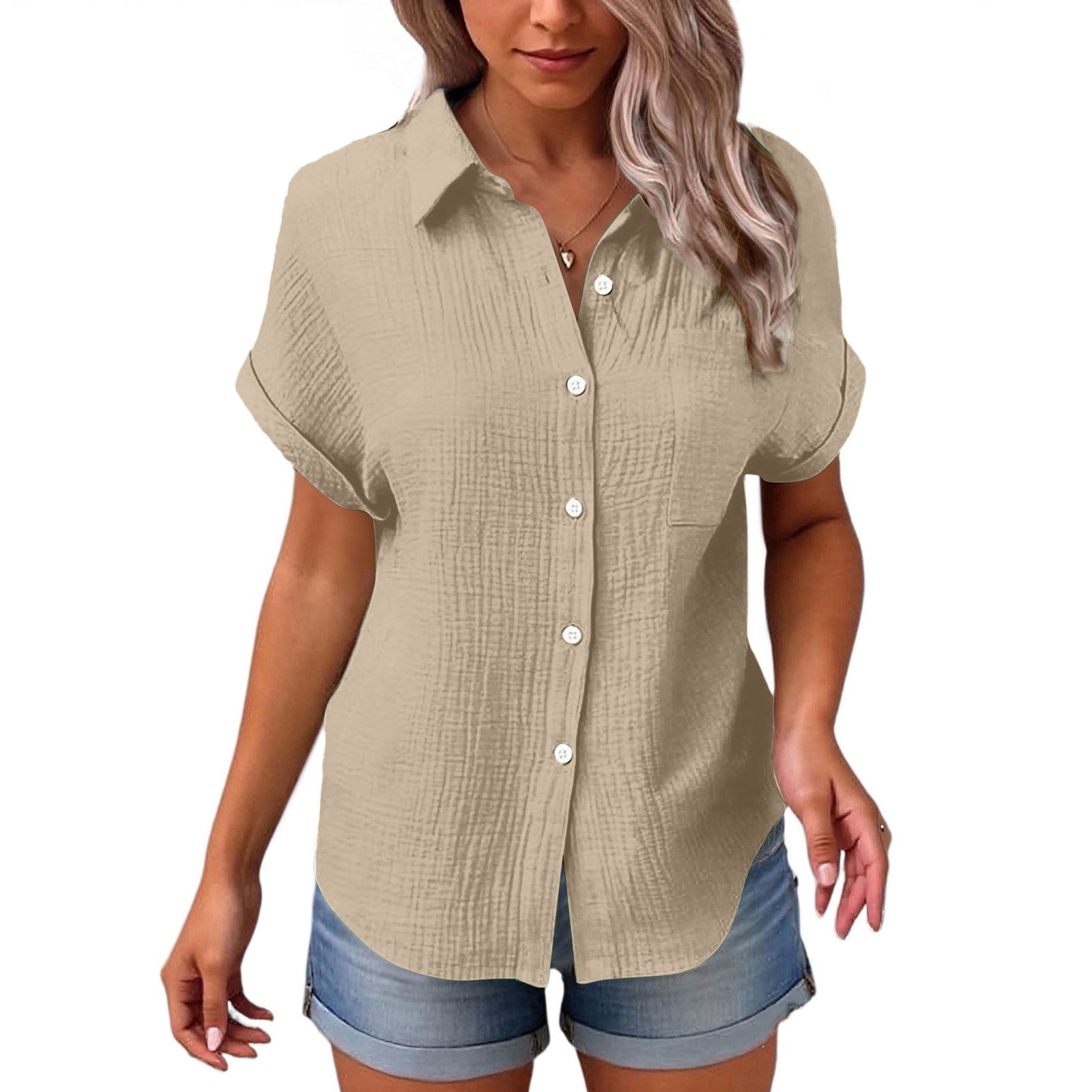Inglocry Cotton Linen Gauze Shirts for Women Loose Fit Button Down ...