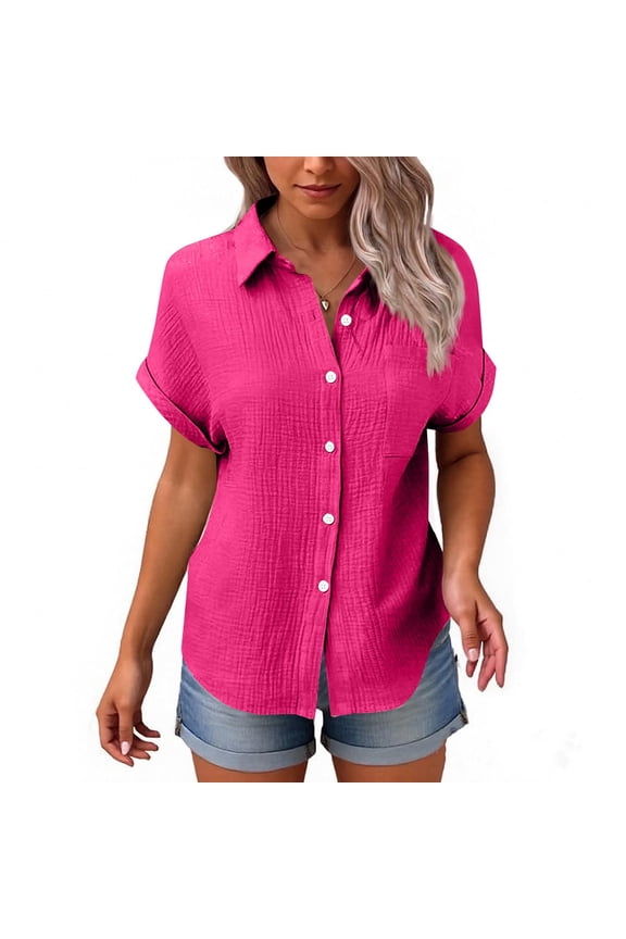 Cotton Linen Gauze Shirts for Women Loose Fit Button Down Blouses Casual Summer Textured Collared Crinkle Seersucker Tops Hot Pink M
