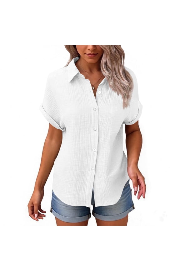 Cotton Linen Gauze Shirts for Women Loose Fit Button Down Blouses Casual Summer Textured Collared Crinkle Seersucker Tops White 2XL