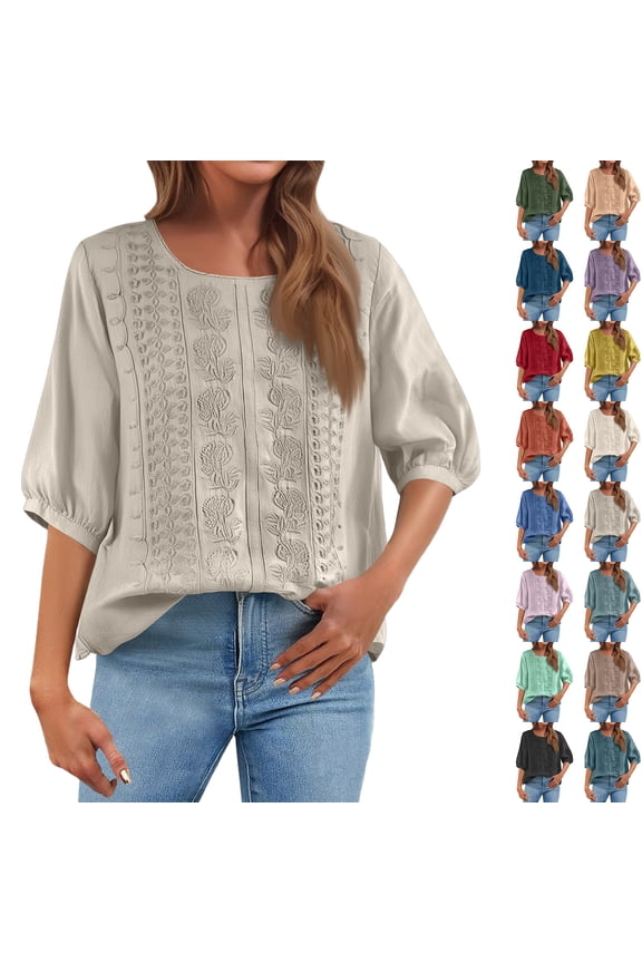 Cotton Linen Shirts for Women Lightweight Retro Embroidered 3/4 Sleeve Boho Blouse Casual Loose Bohemian Tunic Tops Orange M
