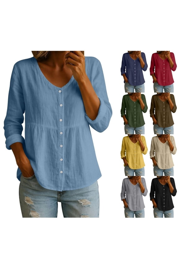 Cotton Linen Shirts for Women Waist Button Down Blouses V Neck Peplum Tops Casual Long Sleeve Lightweight T-Shirt Light Blue S