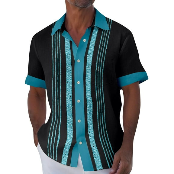 Inglocry Cuban Guayabera Shirts for Men Short Sleeve Casual Button Down Shirt Band Collar Beach Camp Striped Mexican Shirt Black 4XL