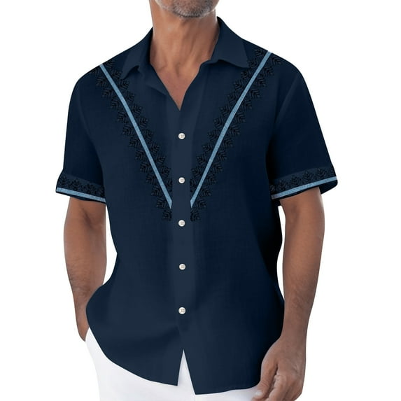 Inglocry Cuban Guayabera Shirts for Men Short Sleeve Casual Button Down Shirt Band Collar Beach Camp Striped Mexican Shirt Dark Blue M