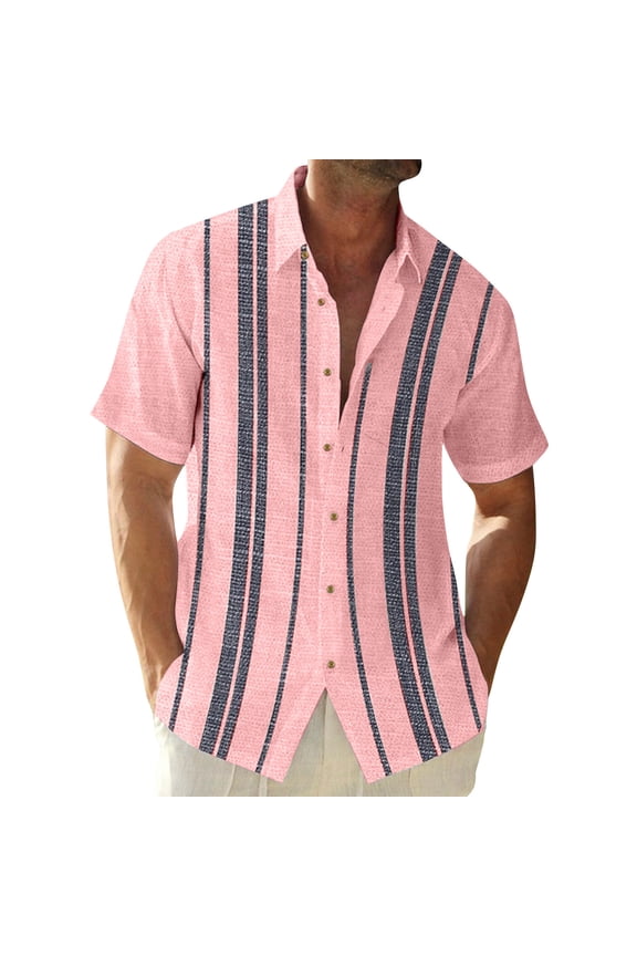 Cuban Guayabera Shirts for Men Short Sleeve Casual Button Down Shirt Band Collar Beach Camp Striped Mexican Shirt Pink XL