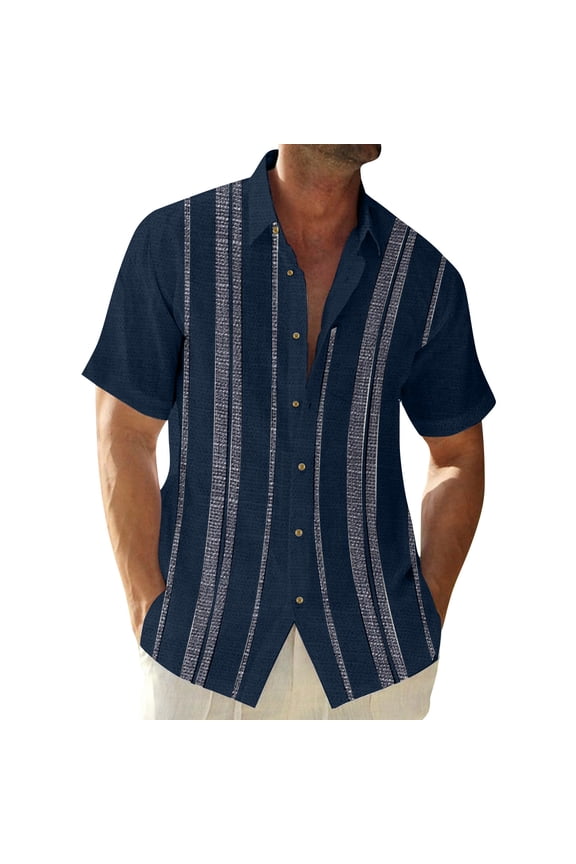 Cuban Guayabera Shirts for Men Short Sleeve Casual Button Down Shirt Band Collar Beach Camp Striped Mexican Shirt Sky Blue XL