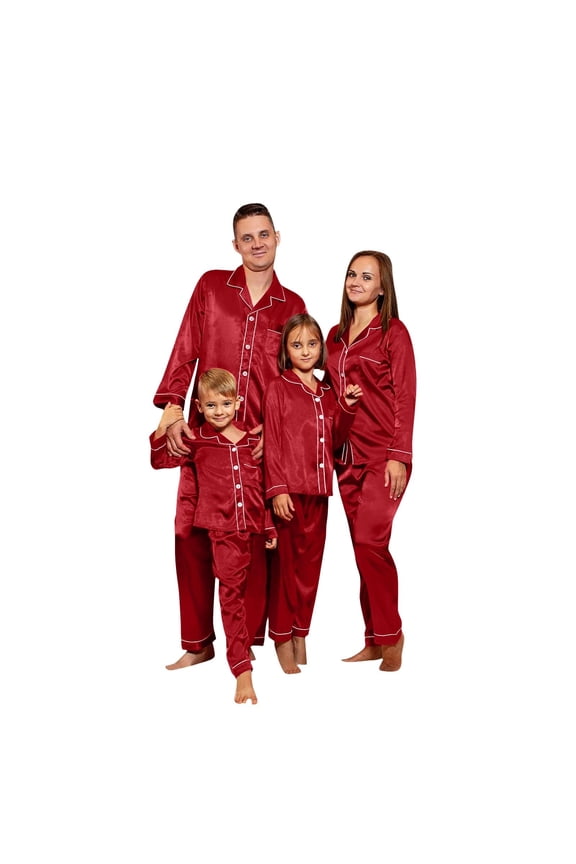 Family Christmas Pajamas Matching Sets - 2025 Silk Satin Button Down Sleepwear, Long Sleeve Loungewear Wine 160