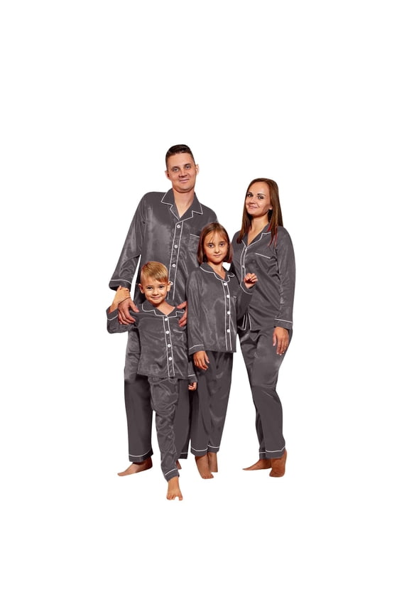 Family Christmas Pajamas Matching Sets - 2025 Silk Satin Button Down Sleepwear, Long Sleeve Loungewear Women Grey M