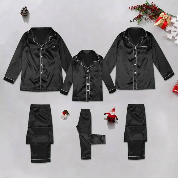 Inglocry Family Christmas Pajamas Matching Sets 2025 Silk Satin Casual Long Sleeve Top Pants 2 Piece Sets Lounge Pjs Black 9 Months
