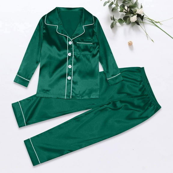 Inglocry Family Christmas Pajamas Matching Sets 2025 Silk Satin Casual Long Sleeve Top Pants 2 Piece Sets Lounge Pjs Green 9 Months