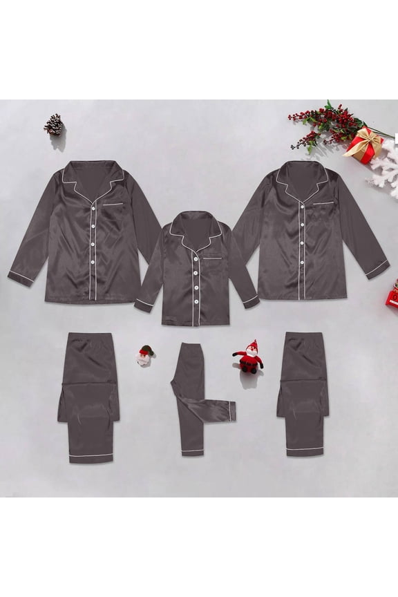 Family Christmas Pajamas Matching Sets 2025 Silk Satin Casual Long Sleeve Top Pants 2 Piece Sets Lounge Pjs Grey 150