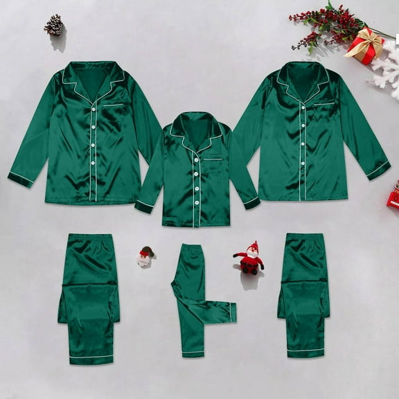 Inglocry Family Christmas Pajamas Matching Sets 2025 Silk Satin Casual Long Sleeve Top Pants 2 Piece Sets Lounge Pjs Men Green L