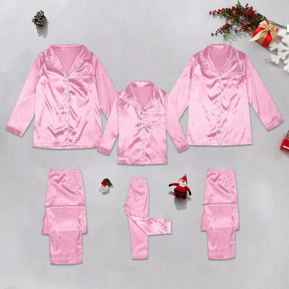 Inglocry Family Christmas Pajamas Matching Sets 2025 Silk Satin Casual Long Sleeve Top Pants 2 Piece Sets Lounge Pjs Women Pink 2XL