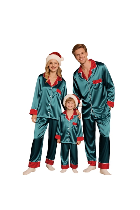 Family Christmas Pajamas Matching Sets - Silk Satin Xmas Pjs, Long Sleeve Holiday Casual Sleepwear, Fall Winter Loungewear Dark Green 150