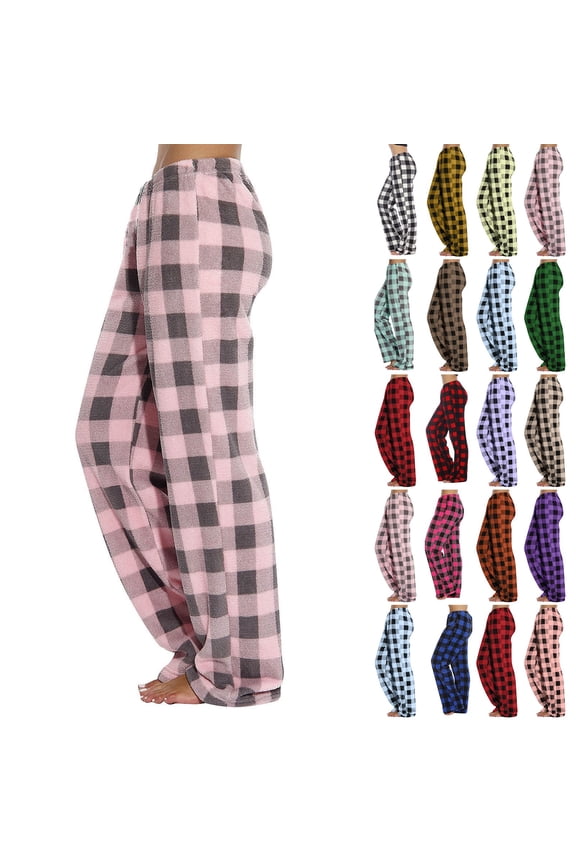 Flannel Pajama Pants Women Plush Plaid Pj Pants Fuzzy Sleep Pants Soft Elastic Waist Pajama Bottoms with Pockets Red M