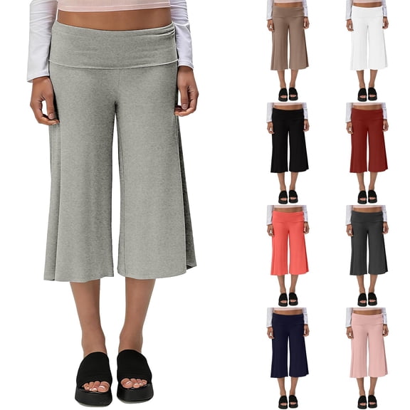 Inglocry Foldover Culottes for Women Low Rise Gauchos Pants Cropped Flowy Flared Wide Leg Palazzo Lounge Yoga Capri Pant Black 2XL