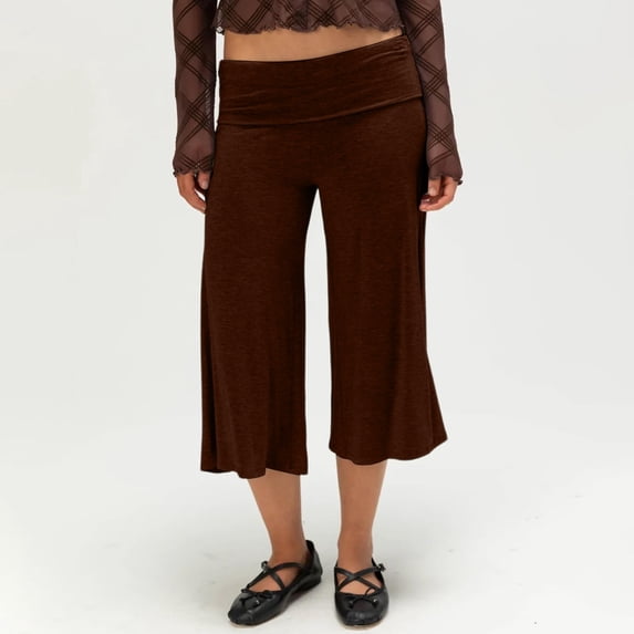 Inglocry Foldover Culottes for Women Low Rise Gauchos Pants Cropped Flowy Flared Wide Leg Palazzo Lounge Yoga Capri Pant Coffee M