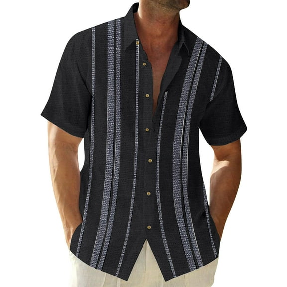 Inglocry Frontaley Men Shirts, Men's Cuba Guayabera Button Front Shirt, Striped Printed Short Sleeves Summer Shirts For Men Black 4XL