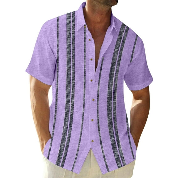 Inglocry Frontaley Men Shirts, Men's Cuba Guayabera Button Front Shirt, Striped Printed Short Sleeves Summer Shirts For Men Light Purple 3XL