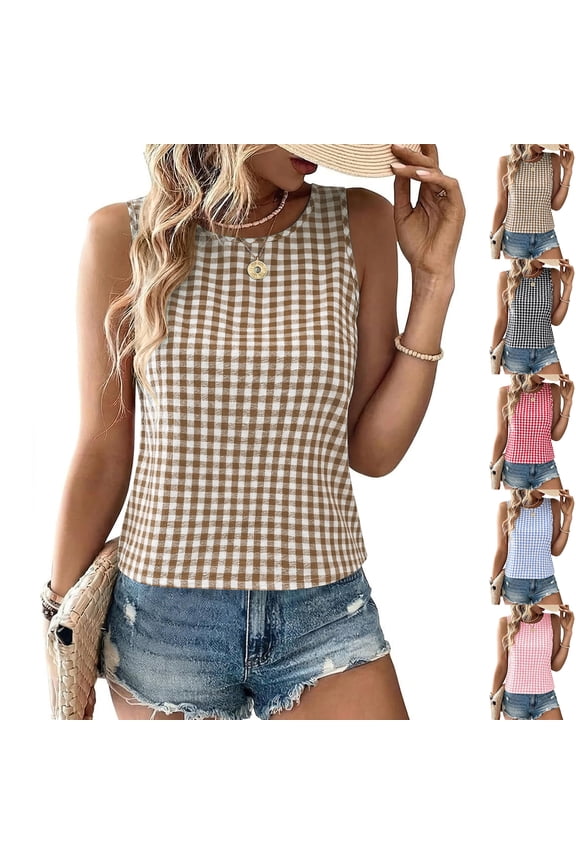 Gingham Tops for Women Cotton Linen Tank Tops 2026 Spring Summer Crewneck Sleeveless Shirts Basic Blouses Casual Clothes Black L