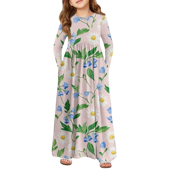 Inglocry Girl's Long Sleeve Polka Dot Loose Casual Round Neck Holiday Long Maxi Dress with Pockets 5-14 Years Light pink 13-14Y