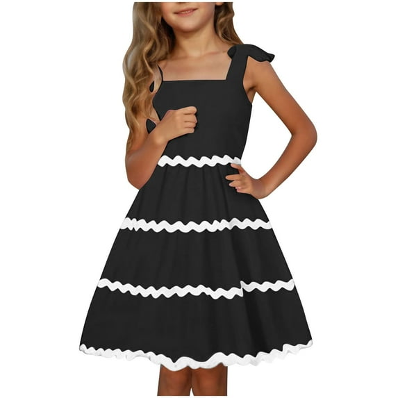 Inglocry Girl's Sundresses Kids Summer Sleeveless Bowknot Strap RIC Rac Smocked Summer Dresses 5-14 Years Black 9-10Y