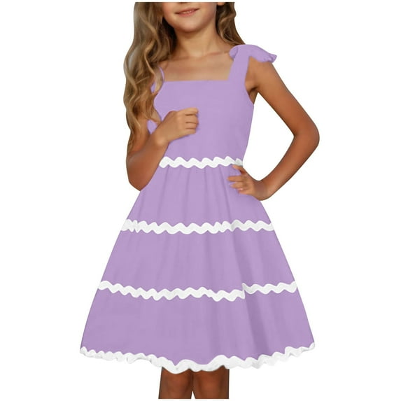 Inglocry Girl's Sundresses Kids Summer Sleeveless Bowknot Strap RIC Rac Smocked Summer Dresses 5-14 Years Purple 5-6Y