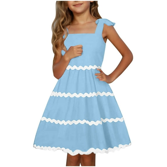 Inglocry Girl's Sundresses Kids Summer Sleeveless Bowknot Strap RIC Rac Smocked Summer Dresses 5-14 Years Sky Blue 9-10Y