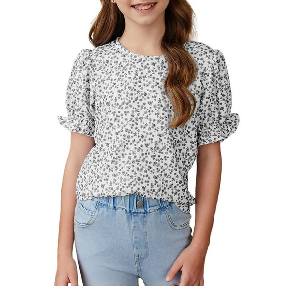 Inglocry Girls 2025 Boho Floral Puff Sleeve Shirt Round Neck Short Sleeve Summer Fashion Cute Tees Size 5-14 Years Black 9-10Y
