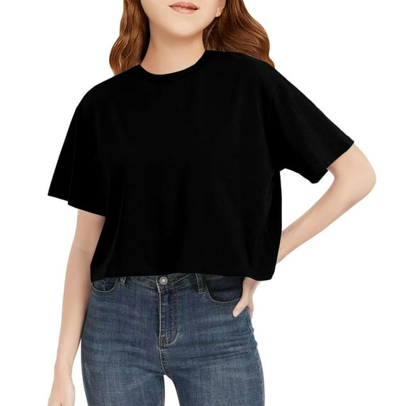 Inglocry Girls Athletic Oversized Crop Tops Kids Drop Shoulder Short Sleeve T Shirts Workout Tees 5-14 Years Basic T-Shirt Black 3-4Y