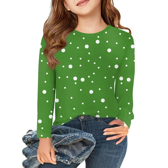 Inglocry Girls Basic Long Sleeve Shirts Toddler Kids Soft Cotton T-Shirt Crew Neck Fall Winter Tee Tops Green 7-8Y