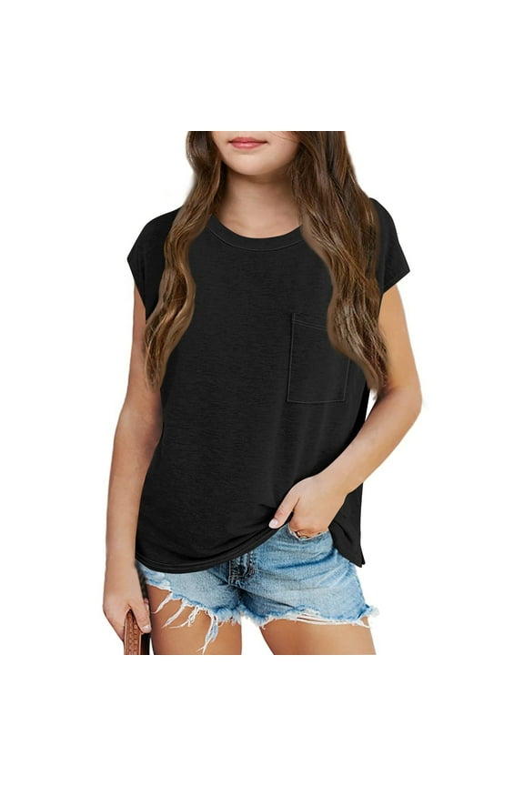 Girls Cap Sleeve T Shirts Kids Summer Crewneck Solid Tops Tees Basic Cute Summer Tops For Teens 5-14 Years Black 3-4Y