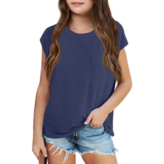 Inglocry Girls Cap Sleeve T Shirts Kids Summer Crewneck Solid Tops Tees Basic Cute Summer Tops For Teens 5-14 Years Blue 11-12Y