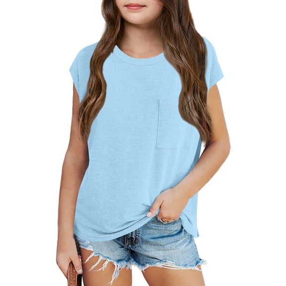 Inglocry Girls Cap Sleeve T Shirts Kids Summer Crewneck Solid Tops Tees Basic Cute Summer Tops For Teens 5-14 Years Light Blue 2-3Y