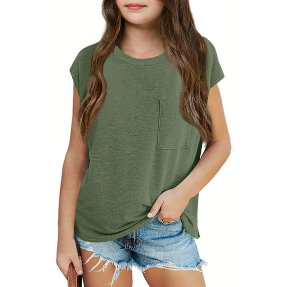 Inglocry Girls Cap Sleeve T Shirts Kids Summer Crewneck Solid Tops Tees Basic Cute Summer Tops For Teens 5-14 Years Mint Green 9-10Y