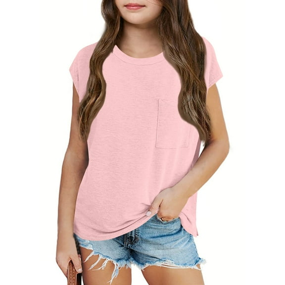 Inglocry Girls Cap Sleeve T Shirts Kids Summer Crewneck Solid Tops Tees Basic Cute Summer Tops For Teens 5-14 Years Pink 9-10Y