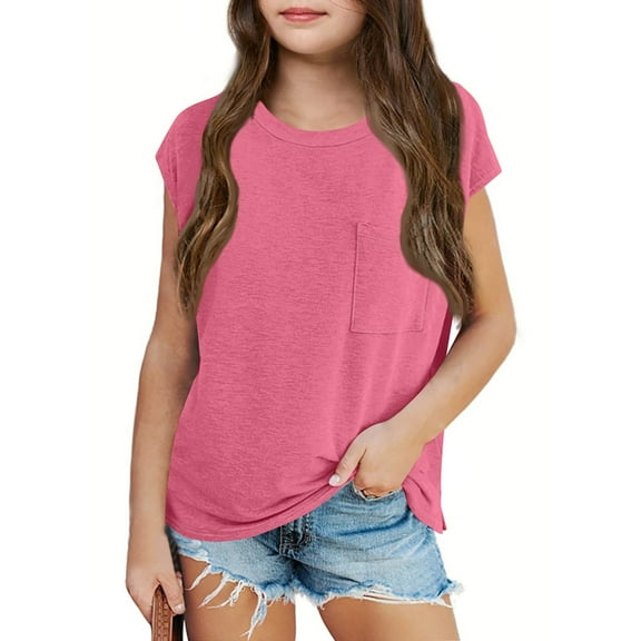Inglocry Girls Cap Sleeve T Shirts Kids Summer Crewneck Solid Tops Tees Basic Cute Summer Tops For Teens 5-14 Years Watermelon Red 11-12Y