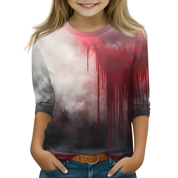 Inglocry Girls Casual 3/4 Sleeve Halloween T Shirts Kids Crewneck Tops Spooky Pumpkin Ghost T-Shirt Fashion Tees 5-14 Years Dark Gray 8-9Years
