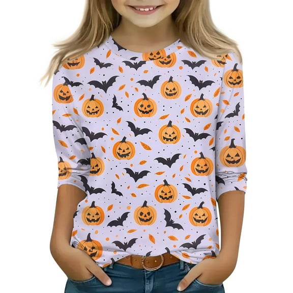 Inglocry Girls Casual 3/4 Sleeve Halloween T Shirts Kids Crewneck Tops Spooky Pumpkin Ghost T-Shirt Fashion Tees 5-14 Years Light Purple 4-5Years