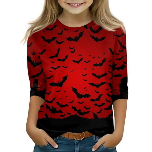 Inglocry Girls Casual 3/4 Sleeve Halloween T Shirts Kids Crewneck Tops Spooky Pumpkin Ghost T-Shirt Fashion Tees 5-14 Years Wine 8-9Years